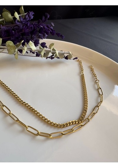 Sevgili Takı Paperclip Gurmet Model İki Zincirli Gold Çelik Bileklik Silver