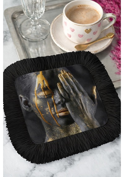 Lüks Modern Sanat Saçaklı Sunum Peçetesi - Sanatsal Portre Bohem Siyah Bardak Altlığı Mendil Soft Orman Mint