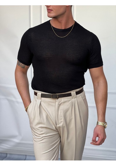 Modefendi Yuvarlak Yaka Örme Detaylı Pamuk Yapılı Slim Fit Tshirt Siyah