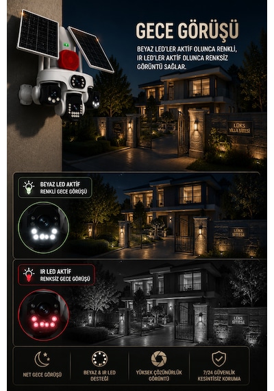 O-kam Ok337b Premium 12mp 4 Kameralı 4g Çift Solar Panel Aov Gece Görüş Sesli Konuşma Akıllı Kamera Turkcell Sim Kart