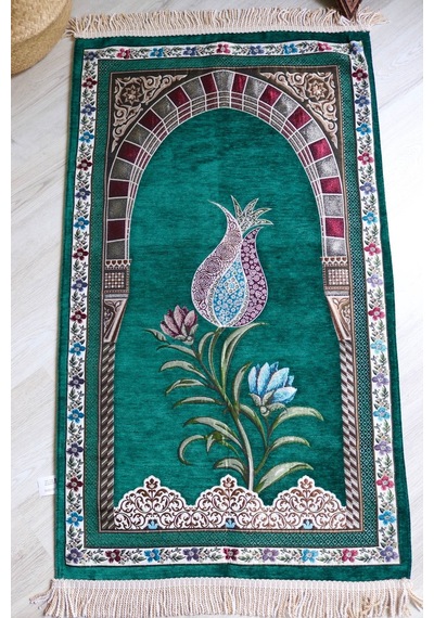 Lale Desenli Astarlı Lüks Seccade S1002 Gri Yeşil