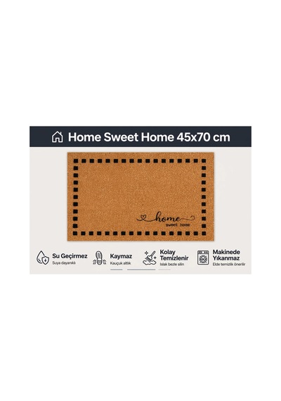 Coco Cc016a Home Sweet Home Desenli Kalın Kaymaz Taban Nem Alıcı Şık Tasarım Kapı Önü Paspası 45x75 Cm Bej
