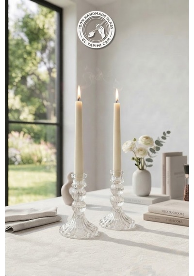 Selen Concept Linea Model Cam Şamdan & Mumluk Orta Boy 2'li Set Şeffaf
