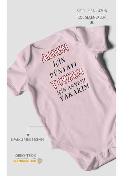 Annem İçin Dünyayı Teyzem İçin Annemi Yakarım Baskılı Bebek Zıbını %100 Pamuk Kısa Kol Bebe Pembe