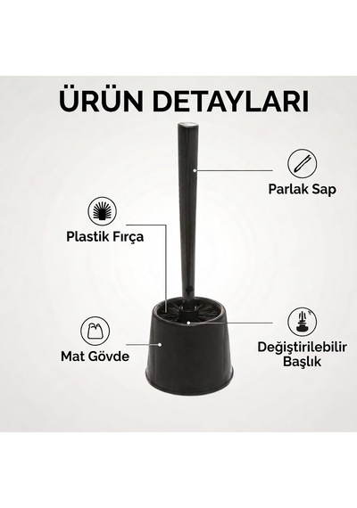 Plastik Tuvalet Fırçası, Mat Hazneli, Değiştirilebilir Başlıklı, Siyah Fırçalı, Wc Fırçası 1, Siyah Beyaz - Çok Renkli