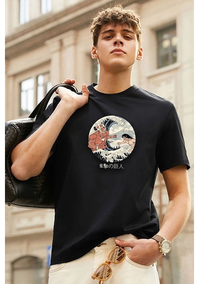 Unisex Kanagawa Oki Nami Ura Baskılı T-shirt Siyah