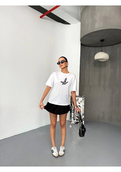 Tanla Butik Kısa Kol Baskılı T-shirt - Beyaz Beyaz