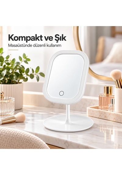 Led Işıklı Masaüstü Ayna, Dokunmatik Kontrol, Tepsili Taban, Kozmetik Model, Makyaj Aynası Beyaz, Dikdörtgen Genel
