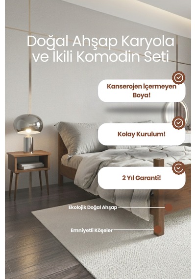 Renazzo Melodi Masif Ahşap Karyola Ve 2 Adet Komodin Ceviz 160x200 Ceviz - 160 X 200
