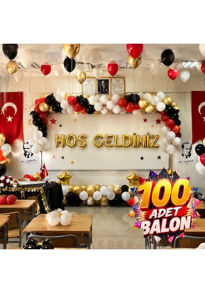 100 Adet Balonlu Sınıf Süsleme Seti Gold Folyo Harfler Beyaz Kırmızı Siyah Gold Balonlar Okul Sınıf Pano Süsleme İlköğretim Haftası Kutlama 100 Balonlu Set