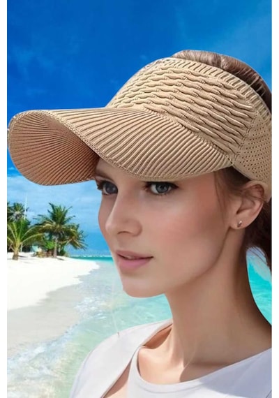 Uniquetrenders Kadın Örgü Dokulu Uv Korumalı Yazlık Vizör Şapka Camel