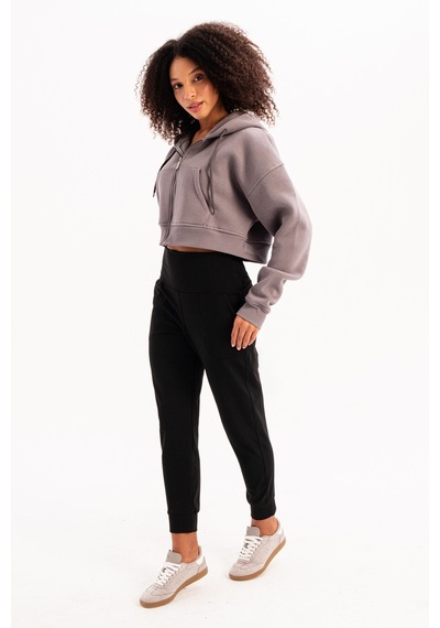 Justever Crop Kapüşonlu Fermuarlı Kanguru Cepli Şardonlu Hoodie Gri Kadın Sweatshirt - Lumen Gri