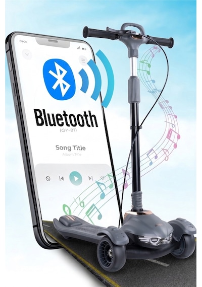 Prego Veyron Bluetoothlu Müzikli Işıklı Çocuk Scooter Katlanabilir - Yükseklik Ayarlı Gri