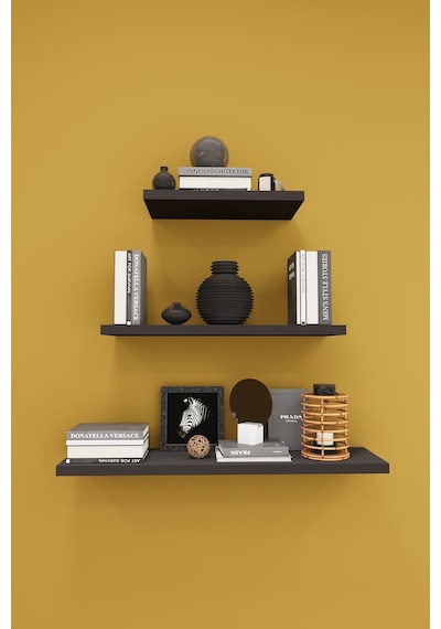 Asra Trend Modern Duvar Rafı DRF-02 %100 MDF 3'lü Dekoratif Organizer Kitaplık Antrasit