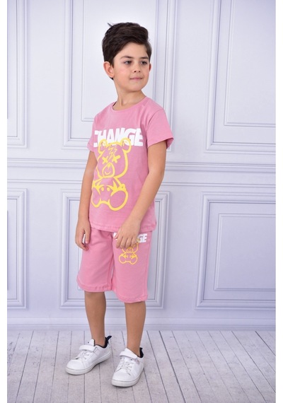 Veramoni Unisex Change Baskılı Çocuk Kısa Kol Yazlık Beli Lastikli Cepli Şort Alt Üst Takım Pembe