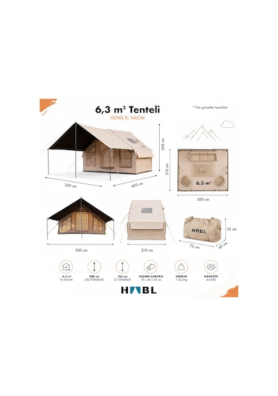 6 Kişilik 6.3 M² Tenteli Gölgelikli, 4 Mevsim, Su Geçirmez 420d Oxford Kumaşlı Şişme Çadır 300 210 200cm Bej