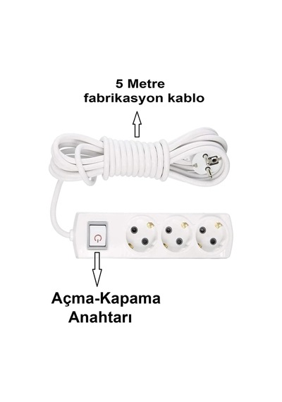 Grup Priz Topraklı 3'lü Çoklu Anahtarlı Priz Seyyar Ara Uzatma Kablosu Kablo 5 Metre 5 m
