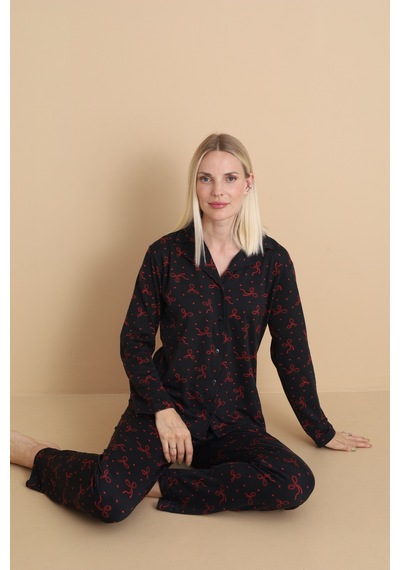 Wordex Mirano 9807 Şardonlu Soft Kışlık Düğmeli Kadın Pijama Takımı Siyah
