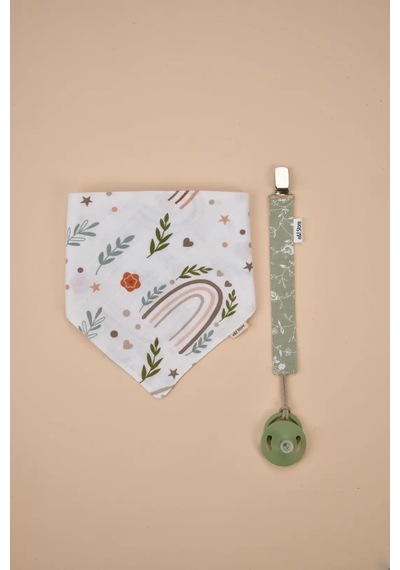E&f Store Organik Sertifikalı Çift Katlı Müslin Mama Önlüğü Ve %100 Pamuk Yeşil Emzik Askısı Seti Çok Renkli