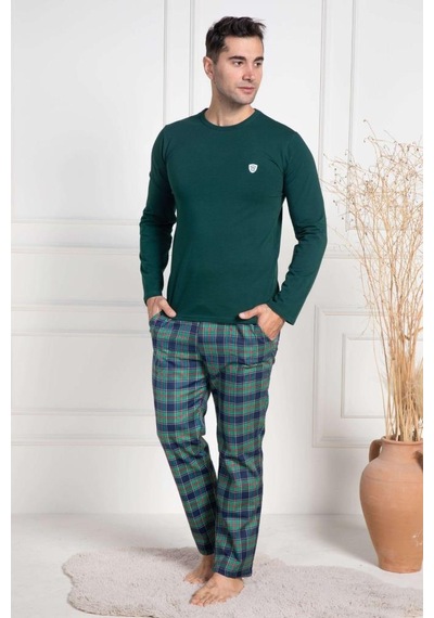 Mecit Pijama Mecit 3052 Erkek Yeşil Ekoseli Büyük Beden Pijama Takımı Yeşil