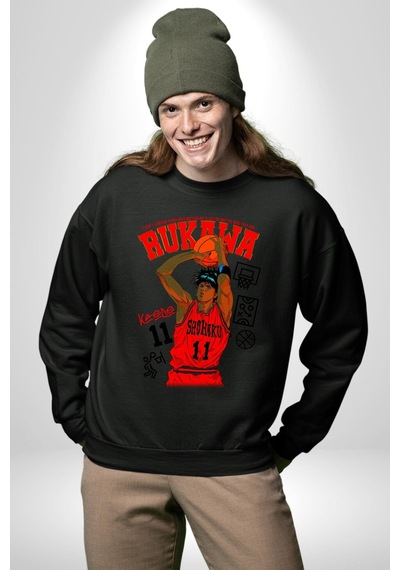 Rukawa Kaede Anime Basketbol Karakteri Unisex Siyah Sweatshirt Siyah