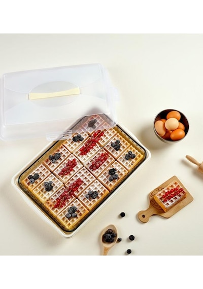 Flosoft Dikdörtgen Kek Pasta Börek Saklama Kabı Kilitli Borcam Taşıma Kabı Büyük Boy 45 Cm Kahve