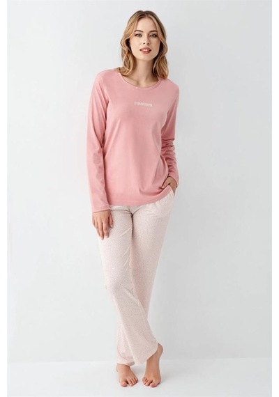 Arnetta Modal Pamuk Uzun Kol Sıfır Yaka Patlı Bayan Pijama Takım Pembe