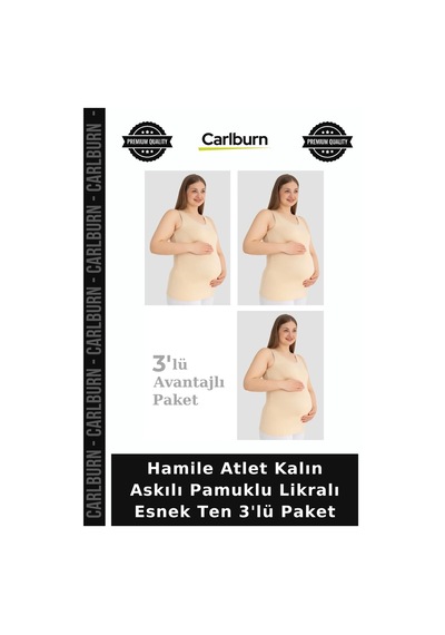 Carlburn Delux Serisi Hamile Atlet Kalın Askılı Pamuklu Likralı Esnek Ten 3'lü Paket Günlük Giyim Gebe