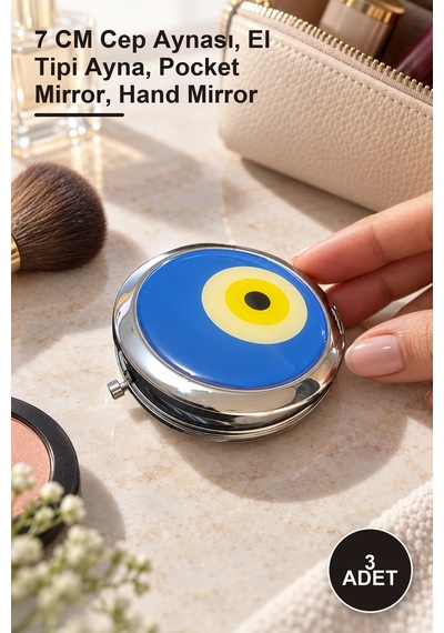 3 Adet Nazar Boncuklu El Aynası 7 Cm Cep Aynası, El Tipi Ayna, Pocket Mirror, Hand Mirror Sarı
