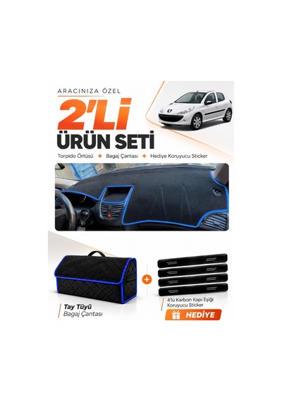 Peugeot 206+ 2009-2013 Uyumlu Torpido Örtüsü + Tay Tüyü Bagaj Çantası + Sticker Seti - Siyah Mavi