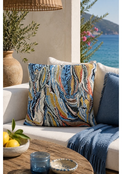 Fuly Consept Stoneflow Azure Dijital Baskılı Goblen Kırlent Kılıfı Mavi Bej Hardal Modern Soyut Desenli Dekoratif Kırlent