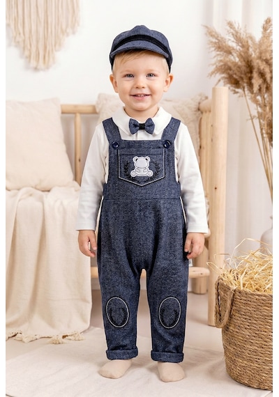 Babymod Papyonlu Kasketli Erkek Bebek Salopet Tulum Set Lacivert
