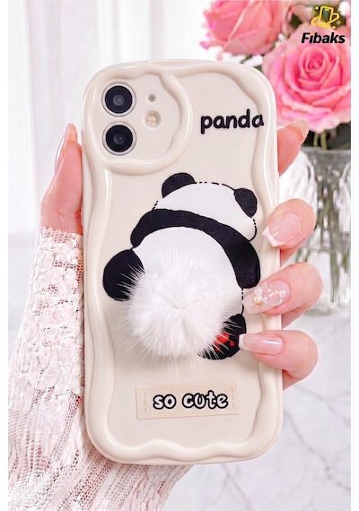 Fibaks iPhone 12 Uyumlu Kılıf Tasarımlı Desenli Kamera Korumalı Panda Beyaz Püsküllü Silikon Kapak