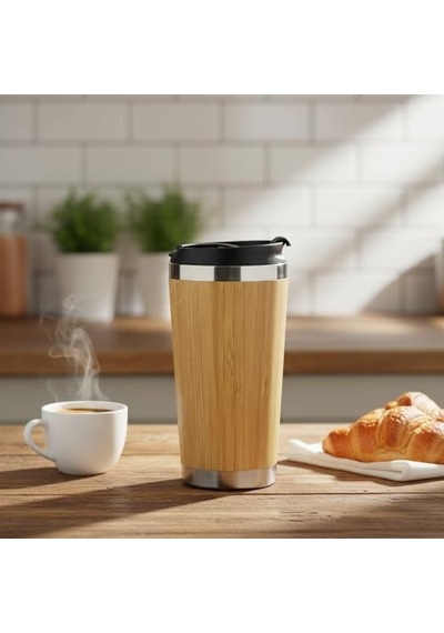 450 Ml Bambu Kaplama Tabanlı Çelik Termos - Sıcak Ve Soğuk Tutucu Gümüş Renkli Seyahat Bardağı Mug Açık Beyaz