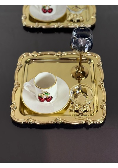 6 Adet Sunum Tepsisi & Kahve & Çay Tepsisi- Gold Tepsi Döküm Gold Gül Çerçeveli Gümüş