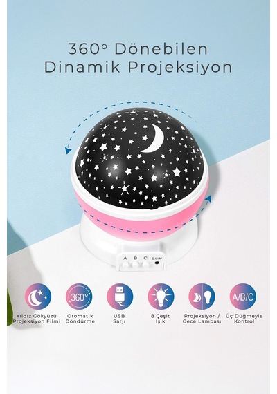 Kamp-çadır Çocuk Odası Pilli Usbli Yıldız Gökyüzü Projeksiyonlu Star Master Gece Lambas Mor