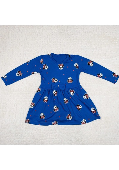 Momikon Minnie Mouse Baskılı Uzun Kollu Pamuklu Kız Çocuk Elbise Mavi