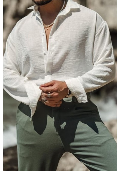 Cool Tarz Erkek Uzun Kollu Gömlek Yaka Keten Oversize Gömlek Beyaz