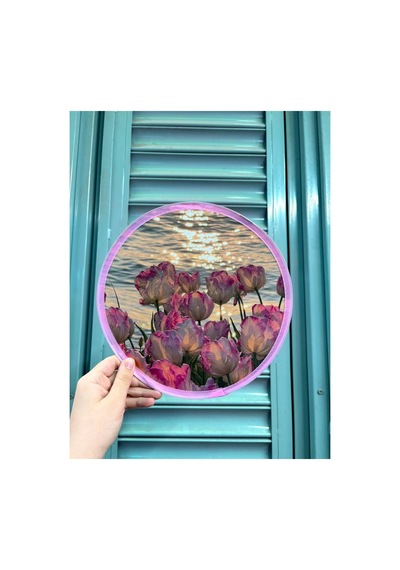 Desenli Katlanabilir Yuvarlak Yazlık Çantalı Taşınabilir El Yelpazesi Çiçek Desenli 25cm
