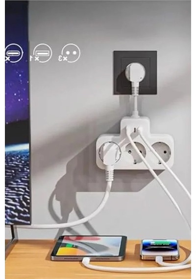 Çoklu Kablolu Priz Dönüştürücü, 1 Usb Ve 2 Type-c Girişli Yüksek Akım Koruması 0