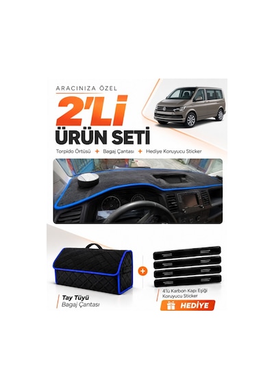 Volkswagen Transporter T6 Çukurlu 2015-2020 Uyumlu Torpido Örtüsü Tay Tüyü Çanta Seti - Siyah Mavi