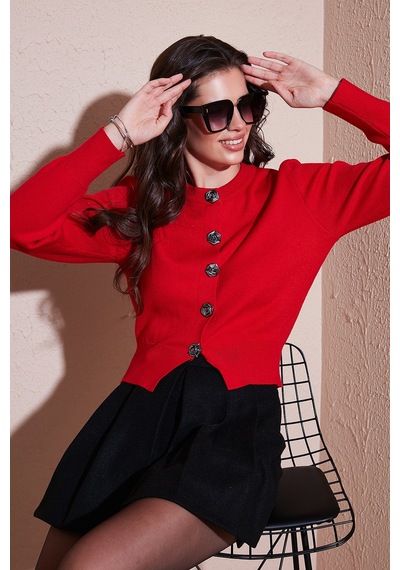 Lela Premium Regular Fit Yuvarlak Yaka Crop Triko Bayan Hırka 680Hi00110 Kırmızı