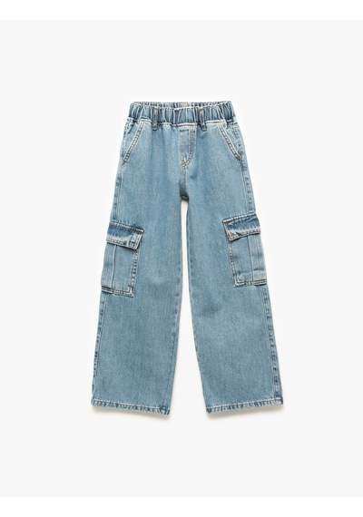 Koton Pamuklu Cep Detaylı Geniş Paça Kargo Denim Pantolon Lıght Indıgo 6wkg40026ad Açık Mavi
