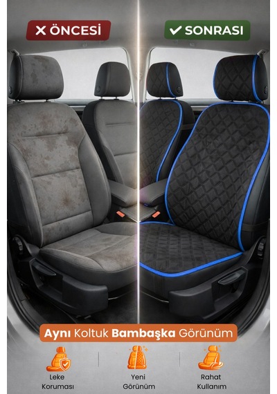 Oto Koltuk Kılıfı Tay Tüyü 2'li Ön Minder Terletmez Kaymaz Airbag Uyumlu - Siyah Mavi