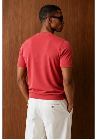 Tarz Cool Erkek Bisiklet Yaka Kısa Kollu İnce Triko Slim Fit Günlük Şık Triko T-shirt Kırmızı