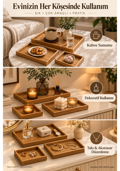Bambu Tepsi 3'lü Set - Sunum Ve Dekoratif Tepsi Kahverengi