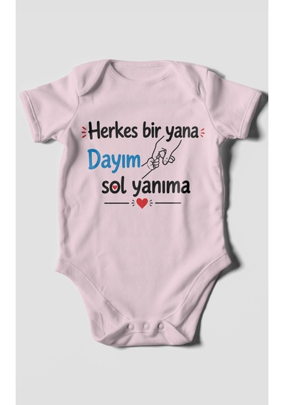 Morivokids Herkes Bir Yana, Dayım Sol Yanıma Kısa Kollu Bebek Body %100 Pamuk Bebe Pembe