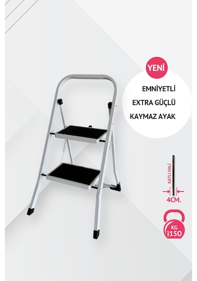 Portalife 2 Basamaklı Beyaz Çelik Merdiven Ekstra Güvenli & Ultra İnce Katlanabilir Tasarım