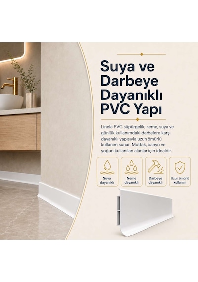 Linela Suya Dayanıklı Pvc Süpürgelik 8 Cm - Beyaz - Lnl401