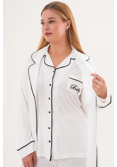Mecit Pijama Mecit 6333 Ekru Kadın Sabahlıklı Boydan Düğmeli Pijama Takımı Ekru